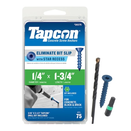 Tapcon Concrete Screw, 1/4" Dia., Climaseal Coated, Flat Head 75 PK 28375